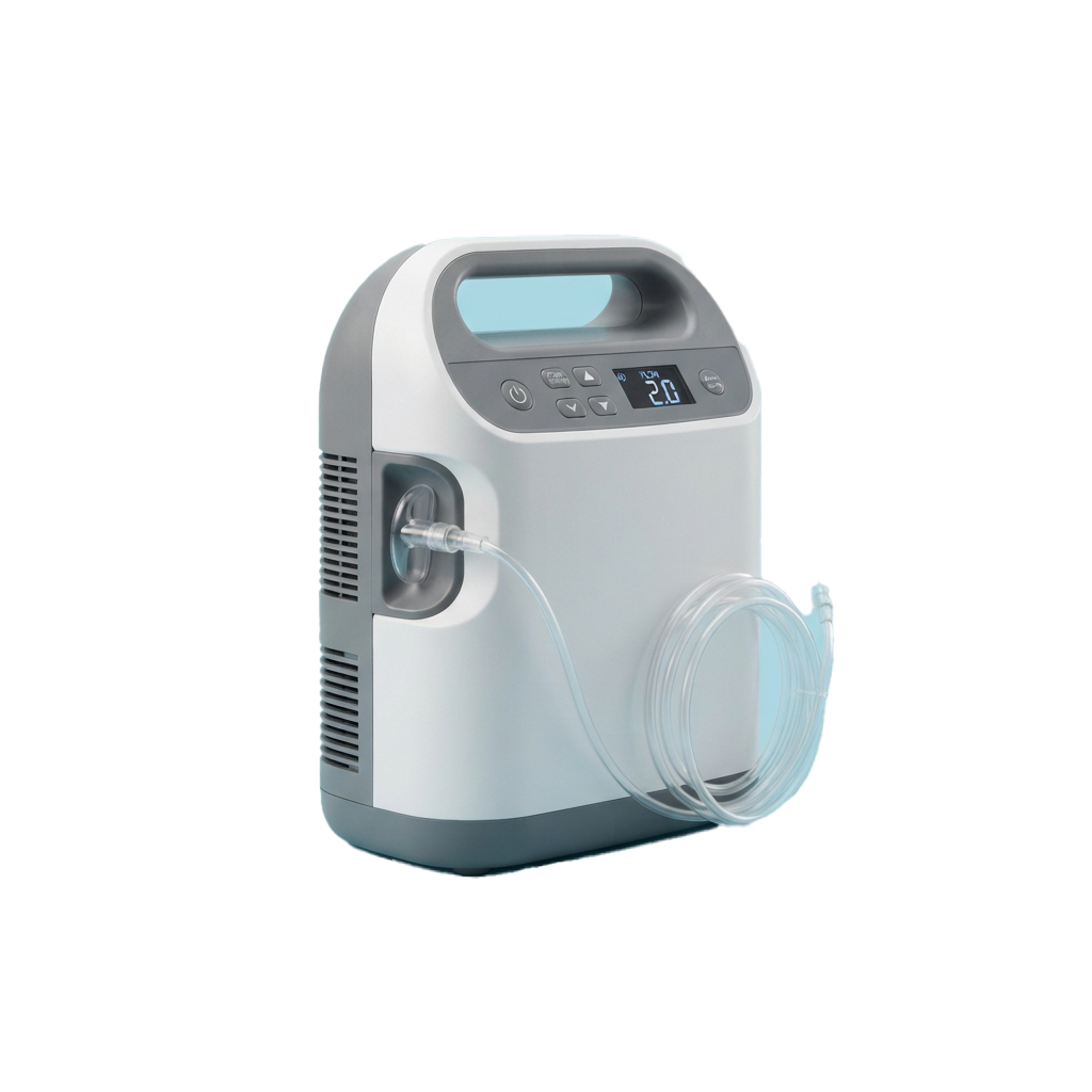 A portable oxygen concentrator device with a digital display showing 20 and a connected clear tube mask.
