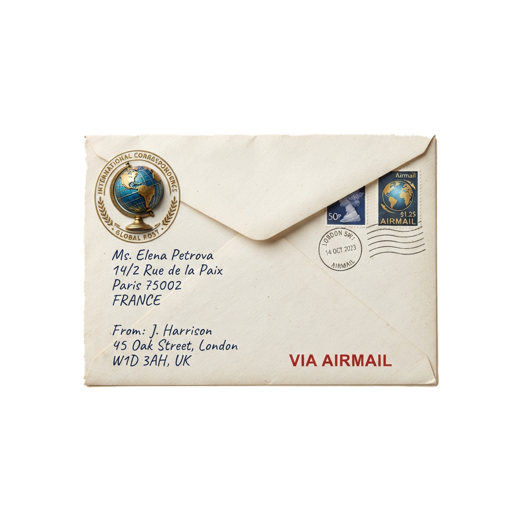 Vintage airmail envelope with stamps and international postmark addressed to France from UK