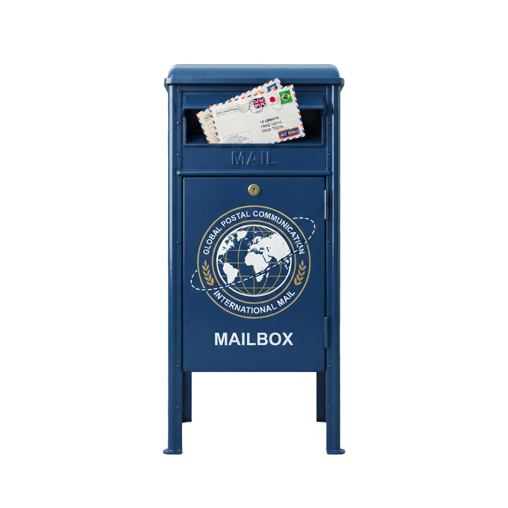 Blue mailbox displaying international mail symbols and a globe with letters inside