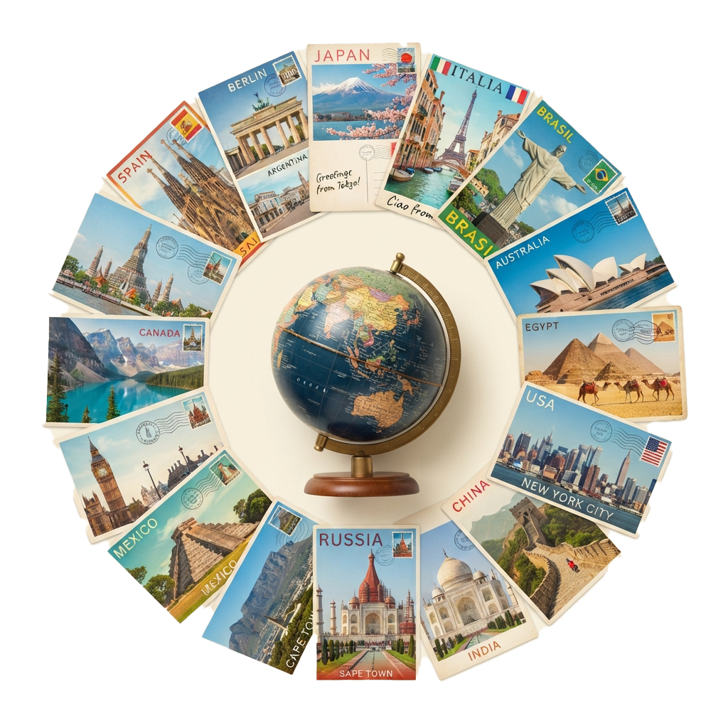 Globe surrounded by colorful travel postcards from various countries