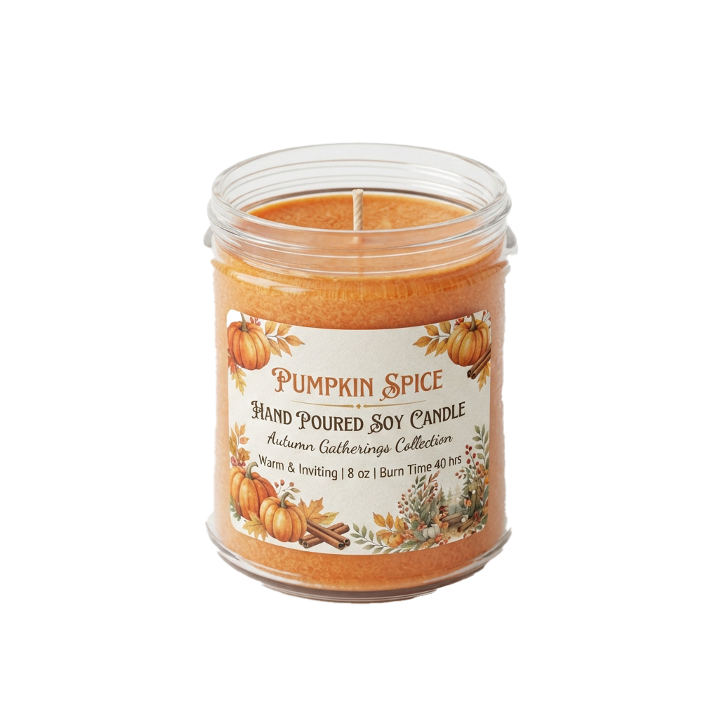 Orange pumpkin spice soy candle in a glass jar with pumpkin and cinnamon stick design on label