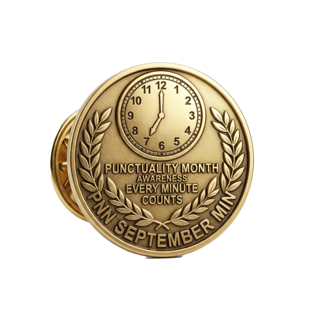 Gold-colored medal featuring a clock and text celebrating punctuality awareness in September