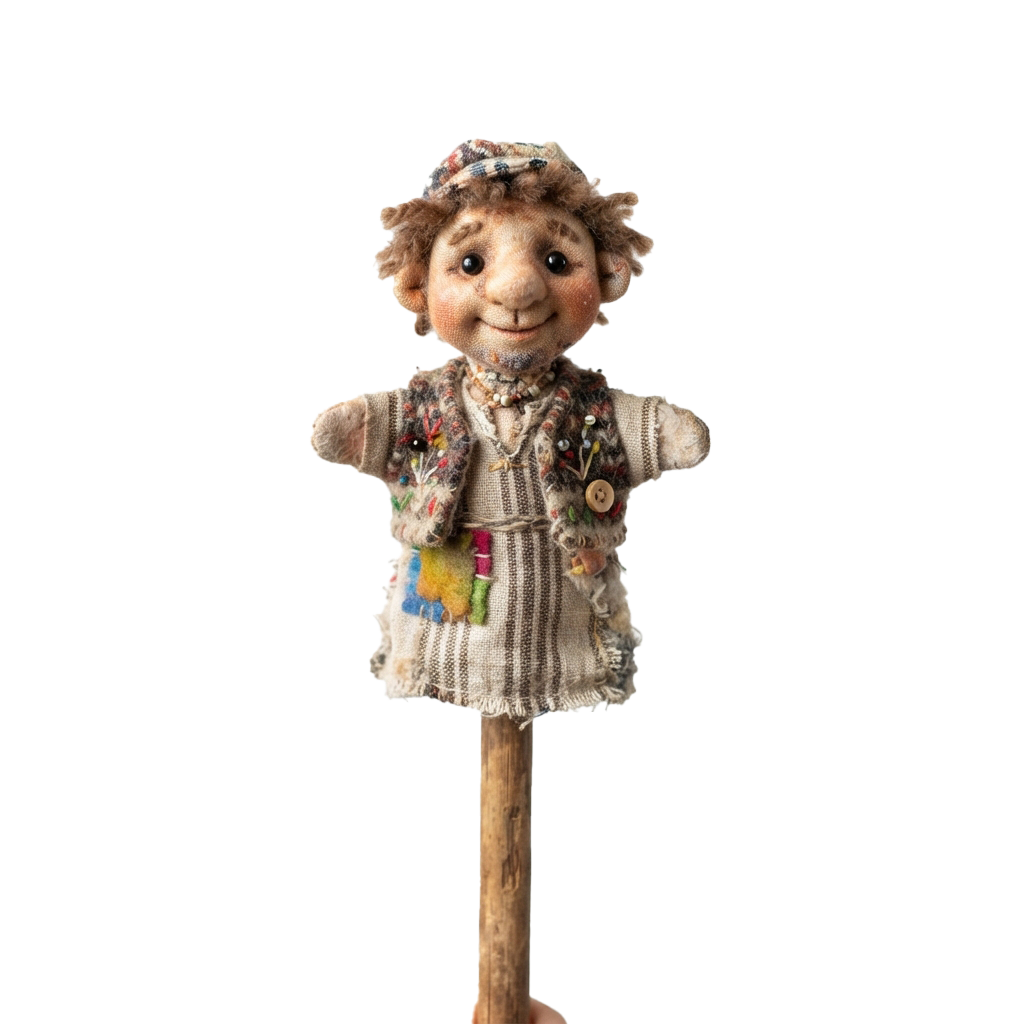 A smiling puppet with curly hair and a headscarf, dressed in a striped shirt adorned with colorful patches and buttons