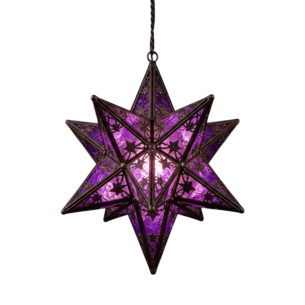 A glowing purple star-shaped glass lantern with intricate designs hanging against a dark background