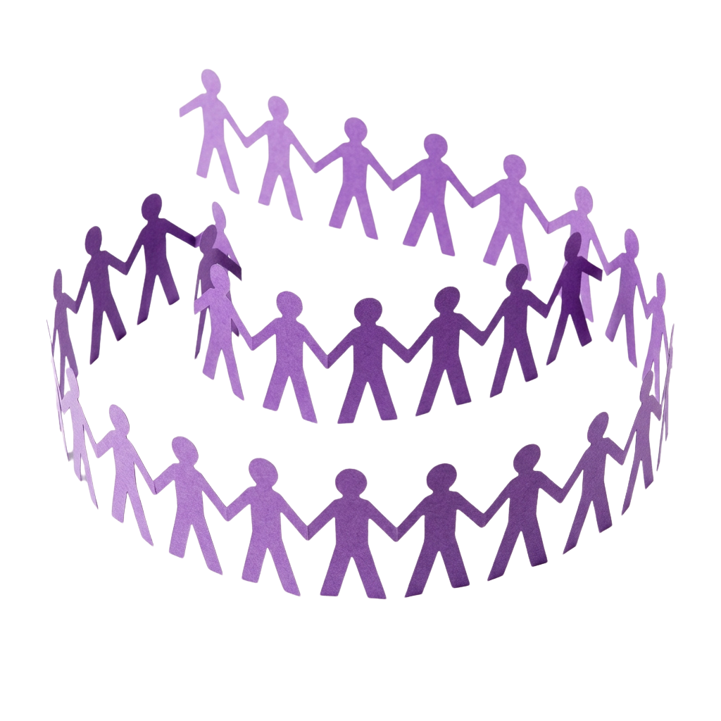 A circle of purple paper cut-out figures holding hands in a group formation