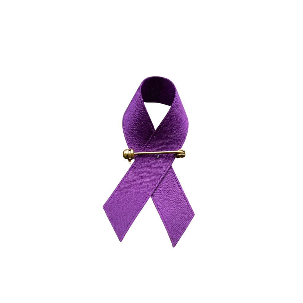 A purple fabric ribbon awareness pin attached to a gold safety pin on a black background