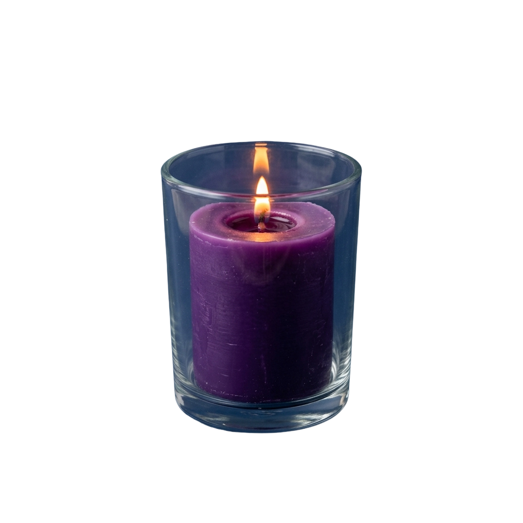 A lit purple candle inside a clear glass holder against a dark background