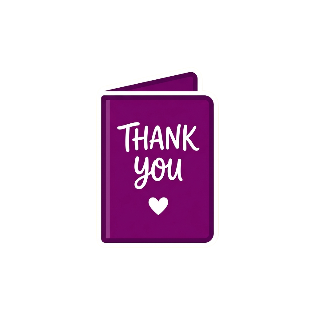 A purple thank you card with white cursive text reading Thank You and a small heart symbol