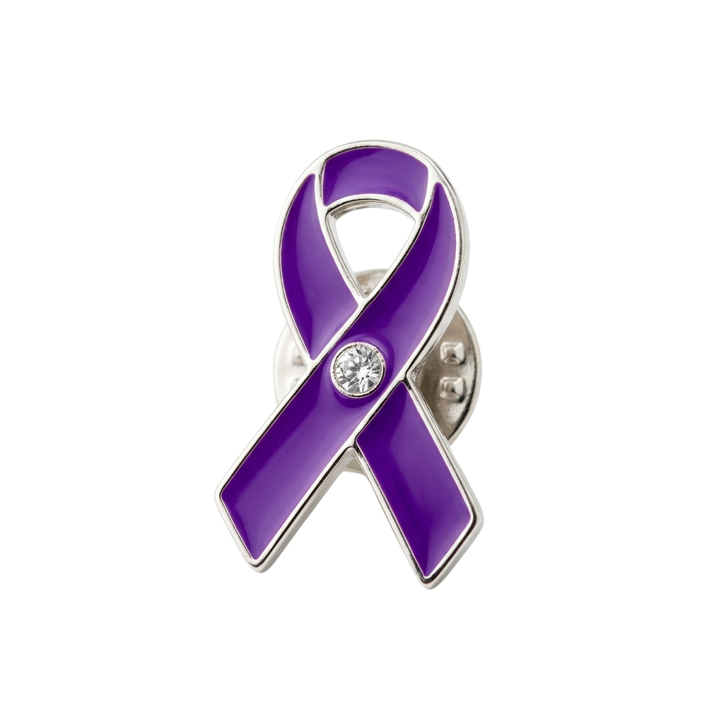A shiny purple ribbon pin with a small clear gemstone in the center on a black background