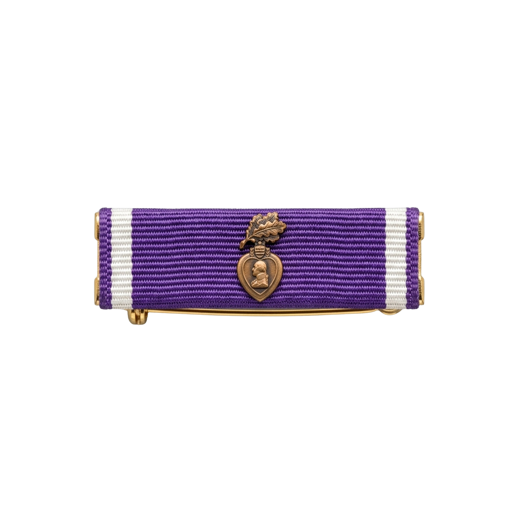 A purple and white military medal ribbon with a bronze-colored pendant featuring a wreath design.
