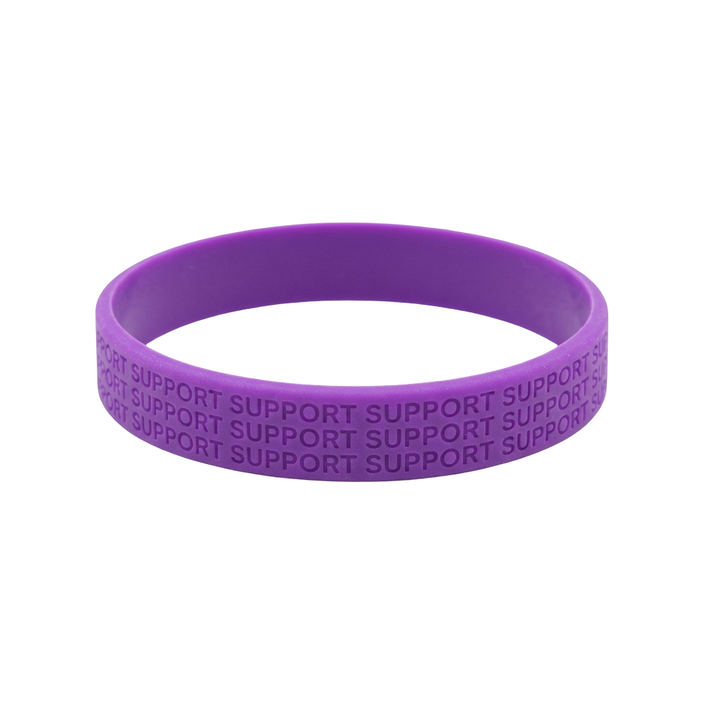 A purple silicone wristband with repeated word support text