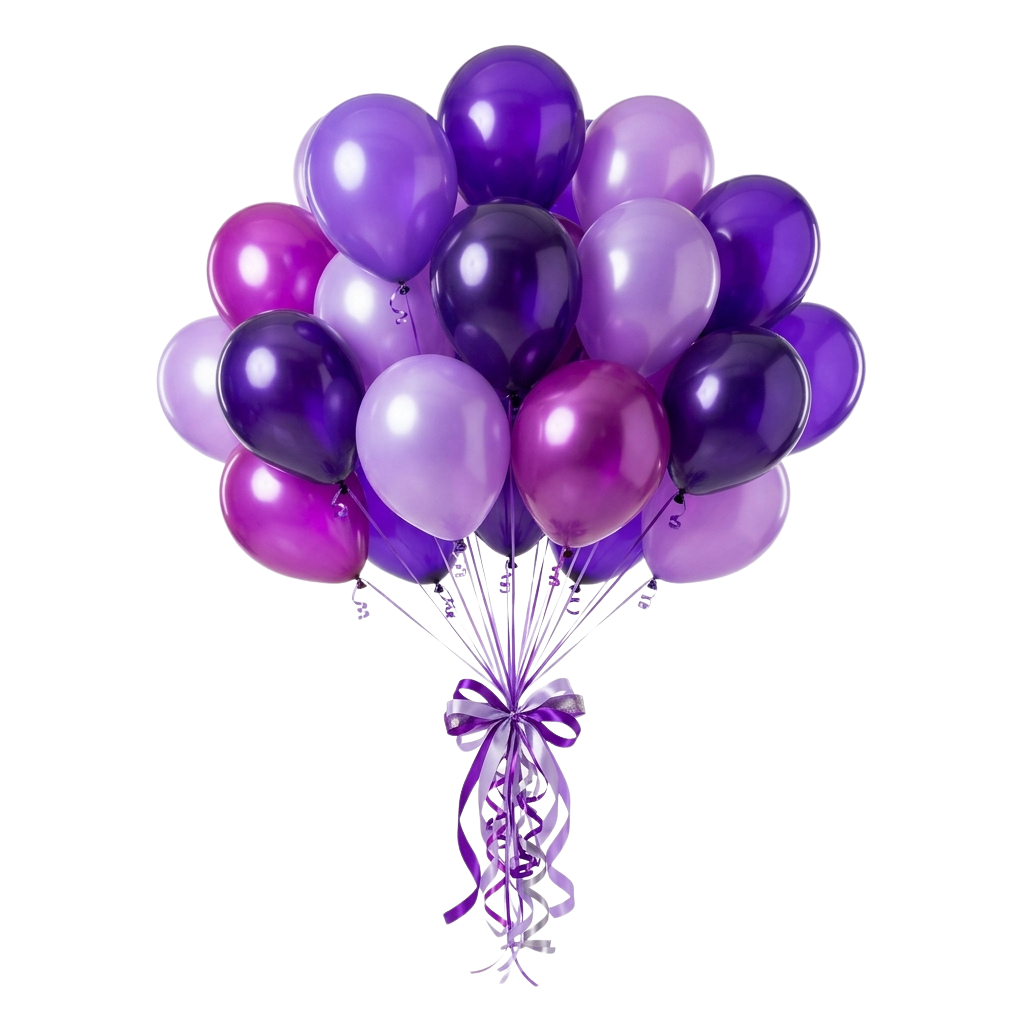 A cluster of shiny purple and violet balloons tied together with a decorative purple ribbon