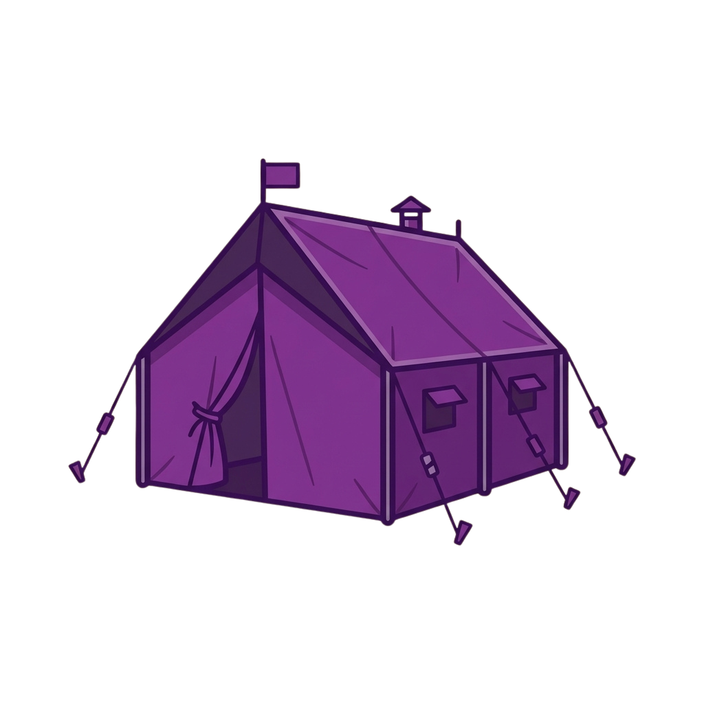 Illustration of a purple tent pitched with ropes and stakes, featuring a small flag on top and windows on the sides