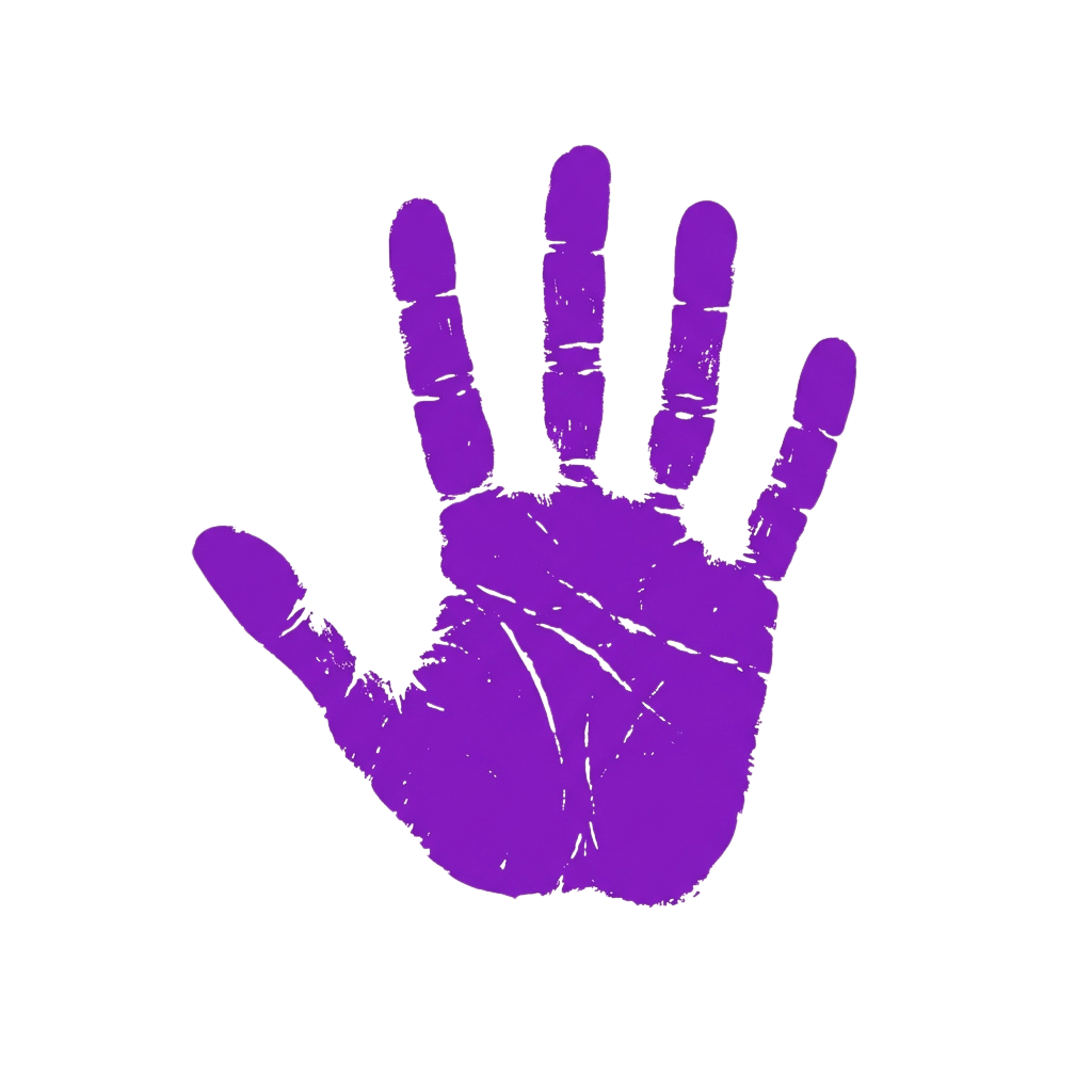 A purple hand silhouette with fingers spread wide against a black background