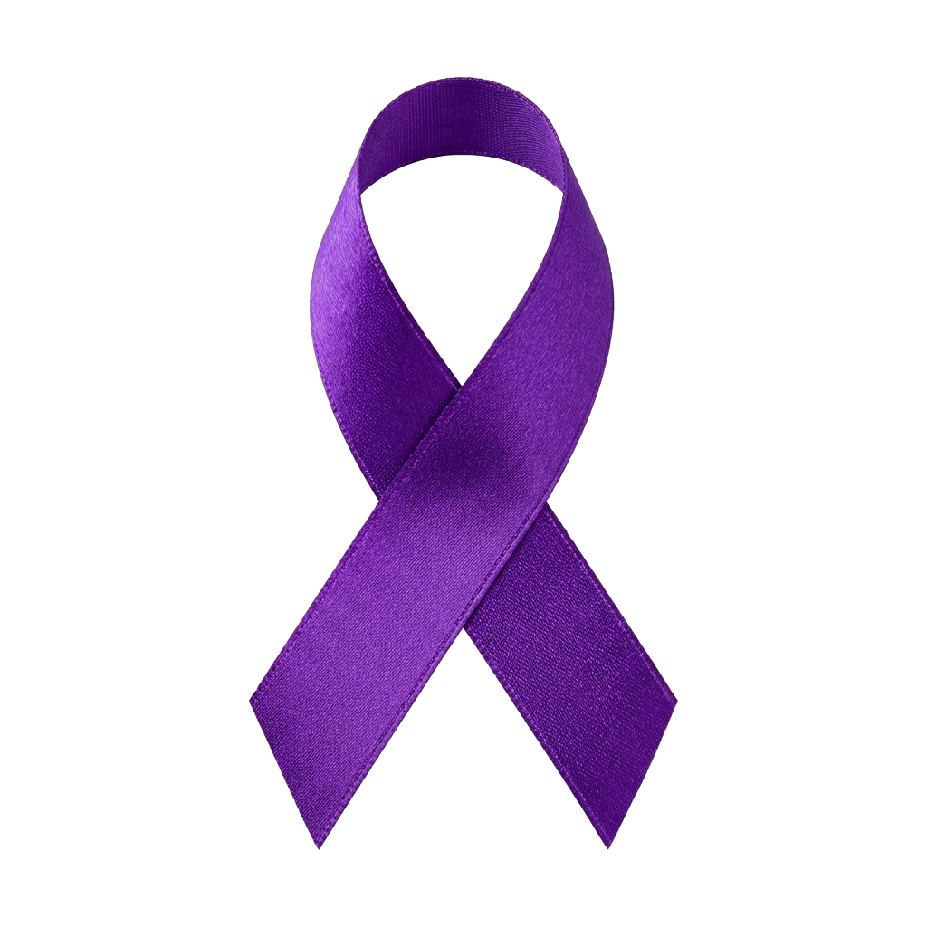 A solid purple awareness ribbon against a black background