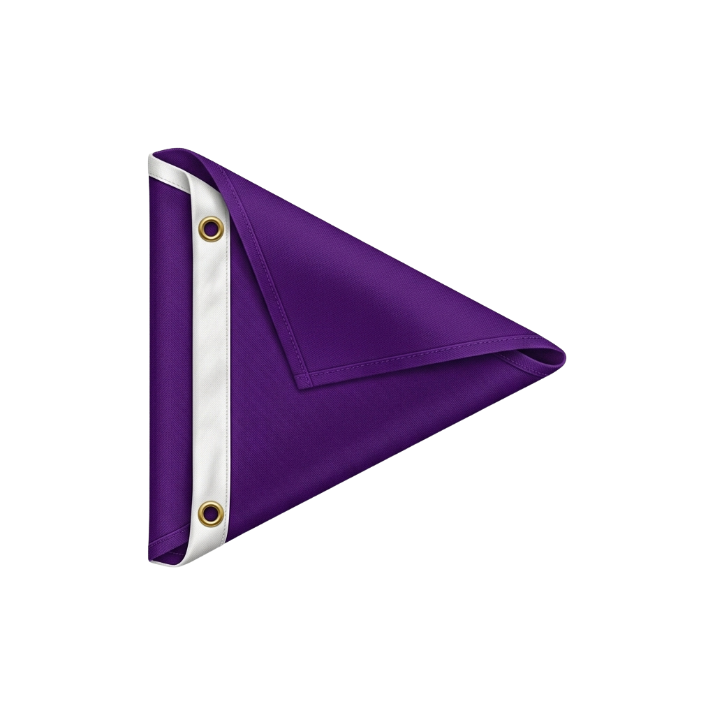 Purple triangular banner with white border and two brass grommets on each side