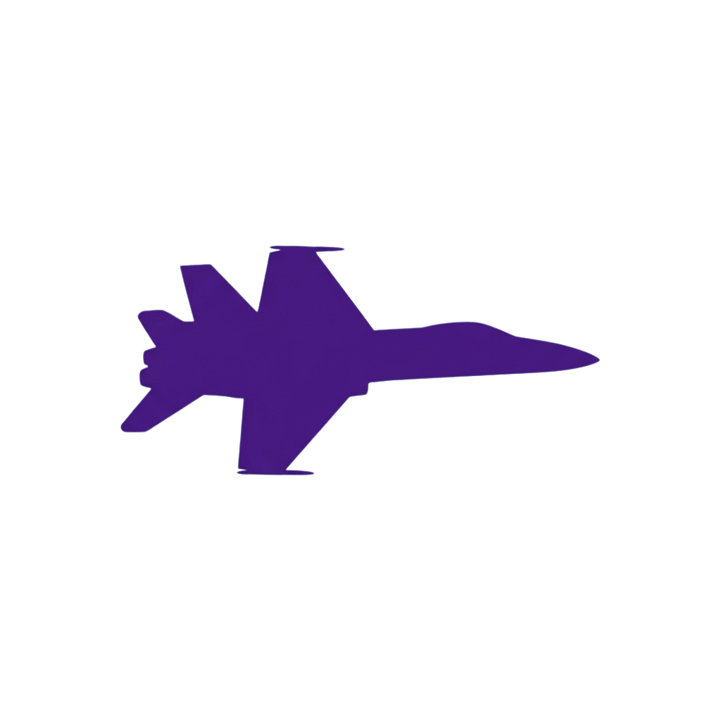A purple jet aircraft with two engines and swept-back wings