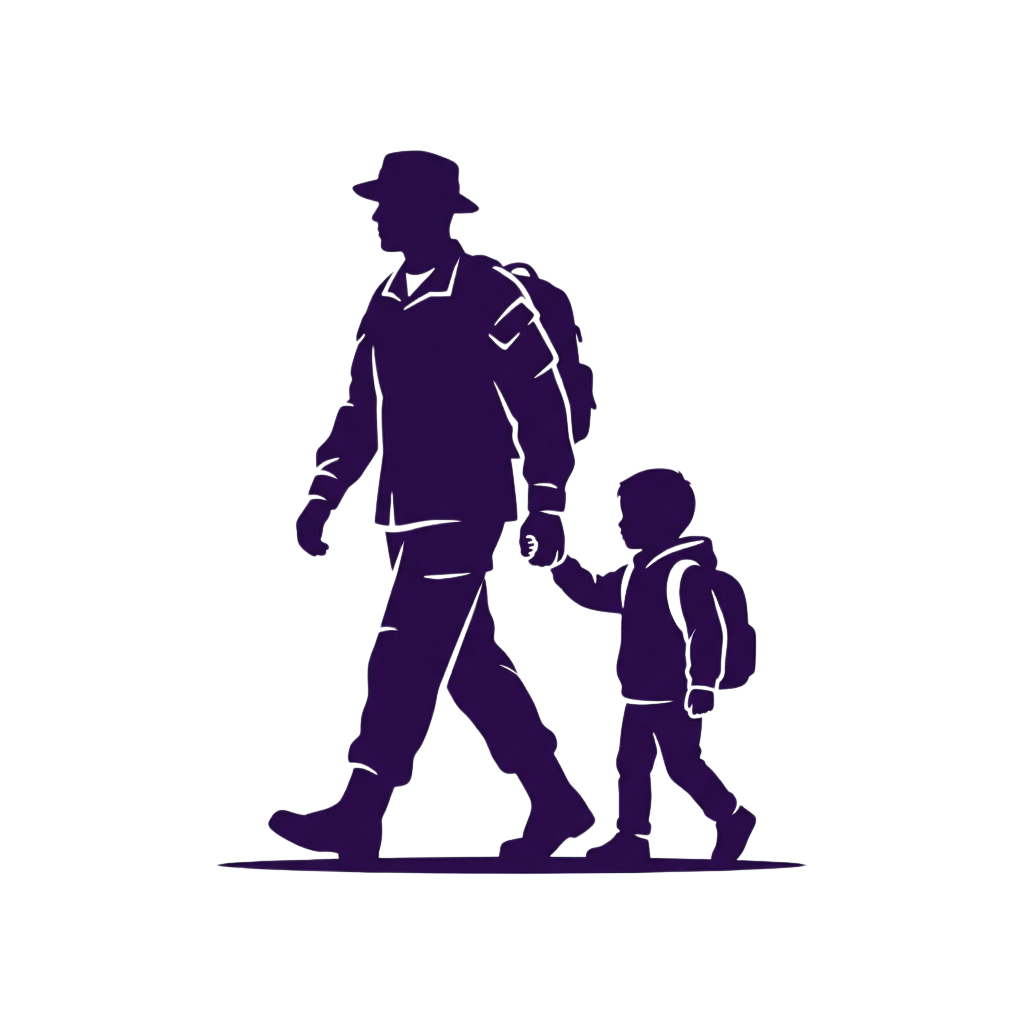 Silhouette of an adult and child walking together holding hands at night