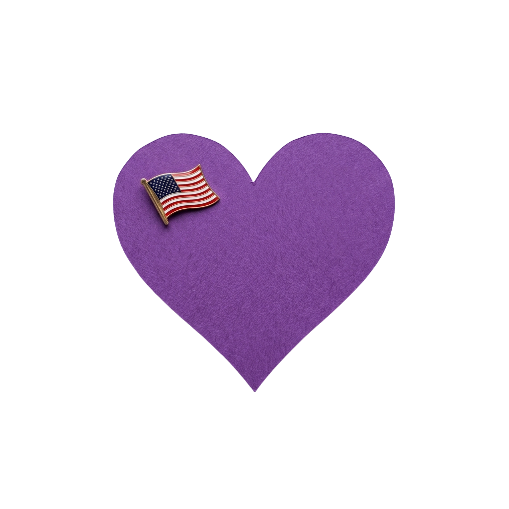 A purple heart shape with a small American flag pin attached near the top right