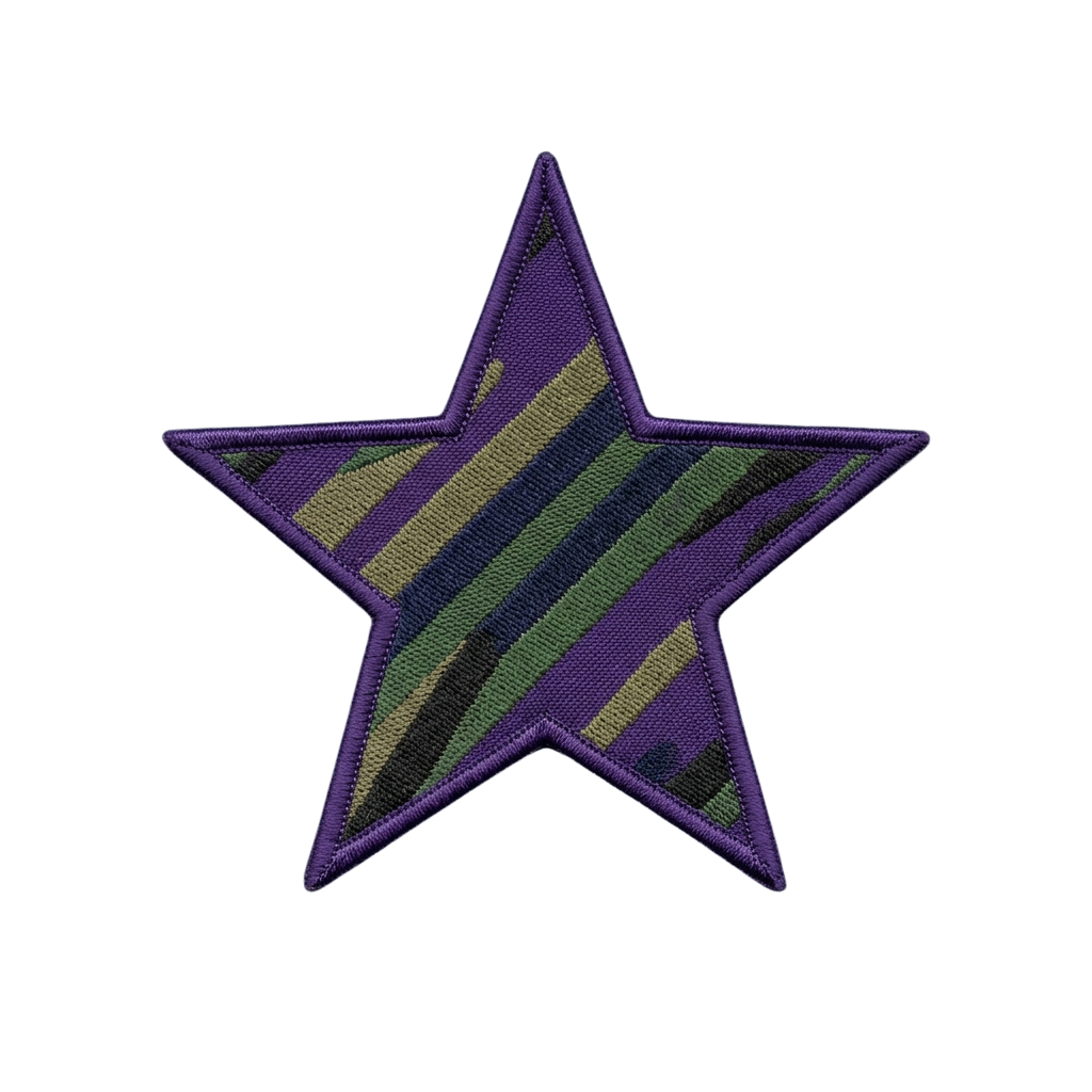 A purple star-shaped patch featuring diagonal green and gold stripes inside.