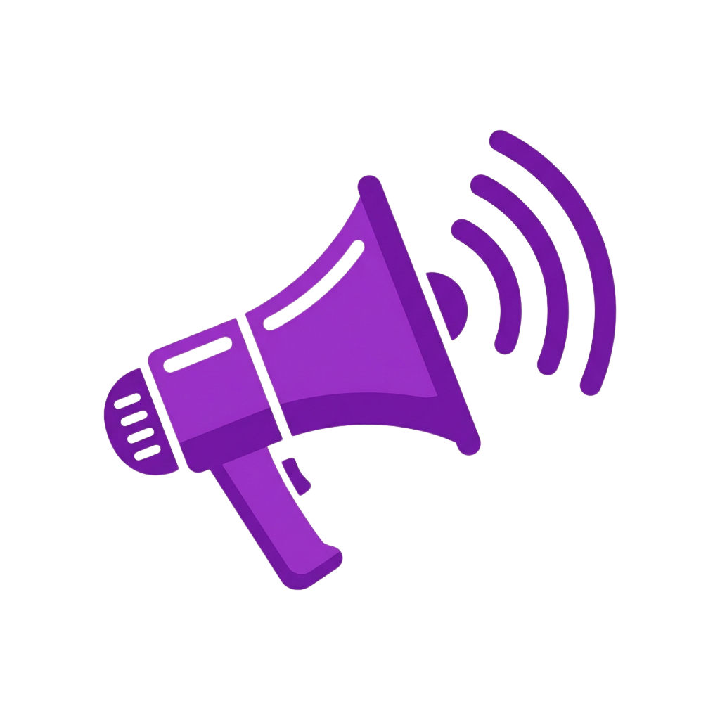 A purple megaphone icon emitting sound waves against a black background