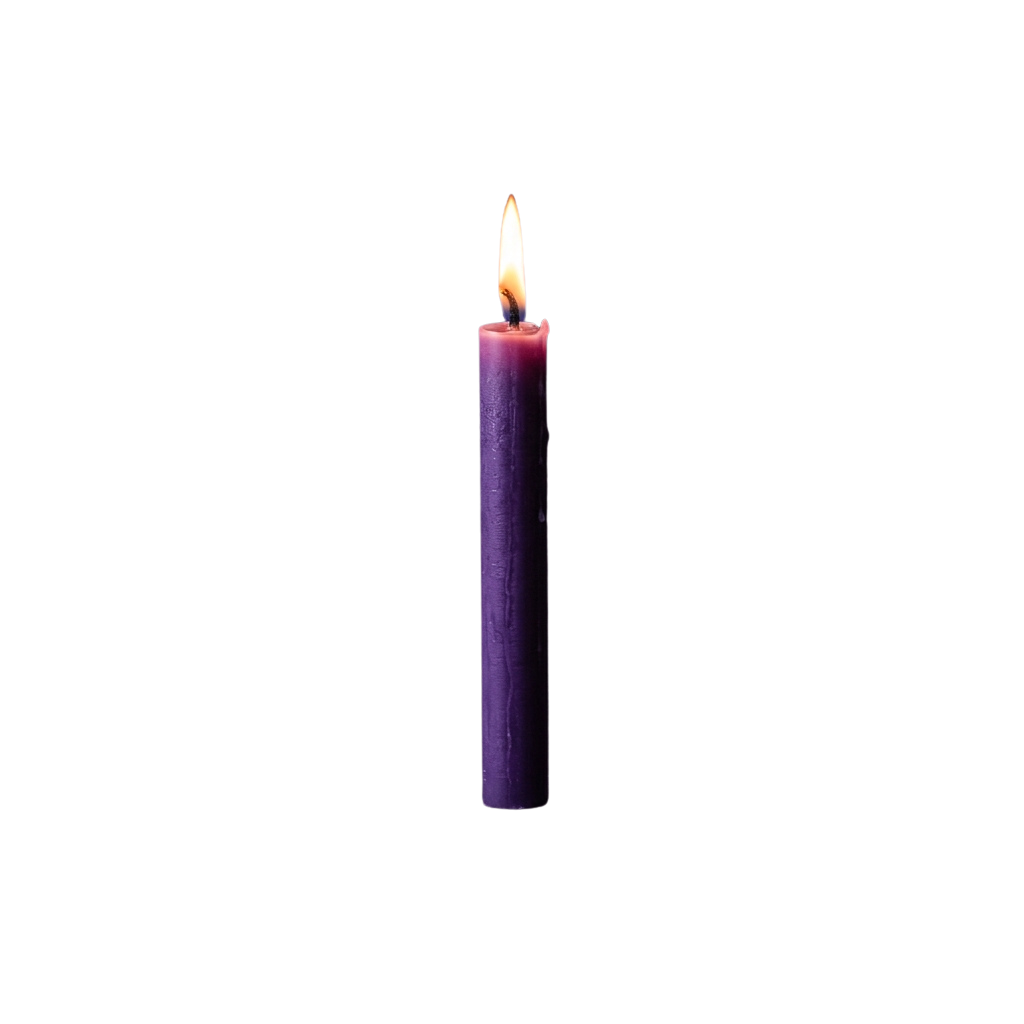 A single purple candle with a lit white flame against a black background