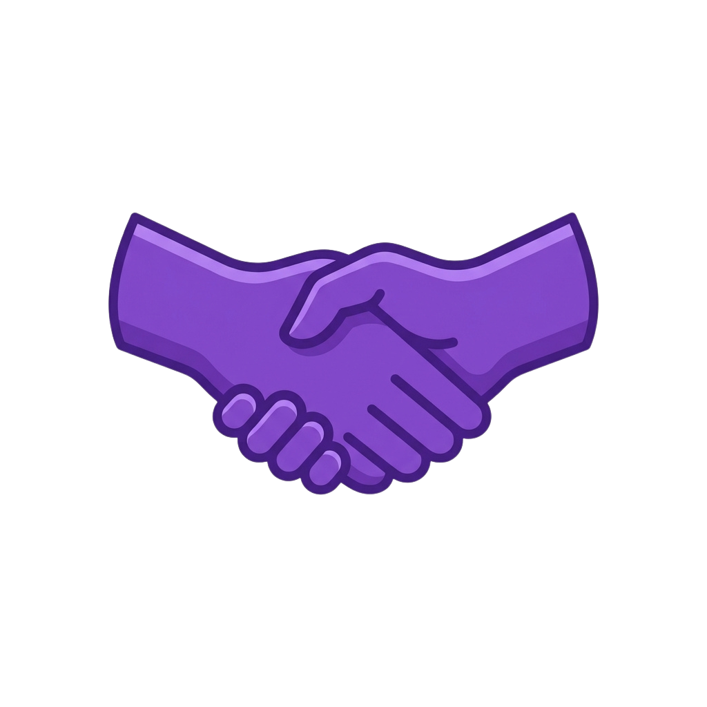 Two purple hands shaking in a friendly handshake gesture