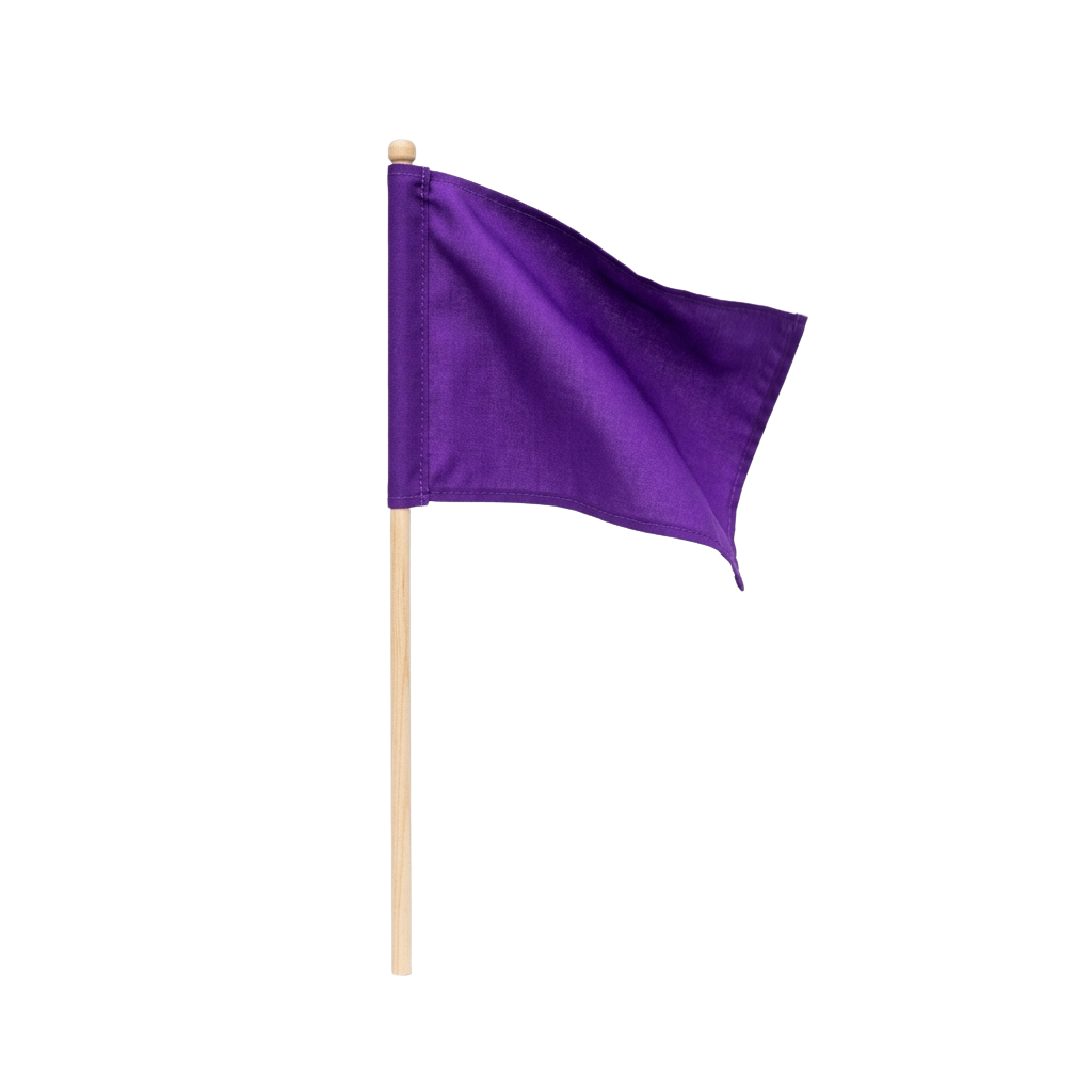 A purple flag waving on a wooden stick against a black background