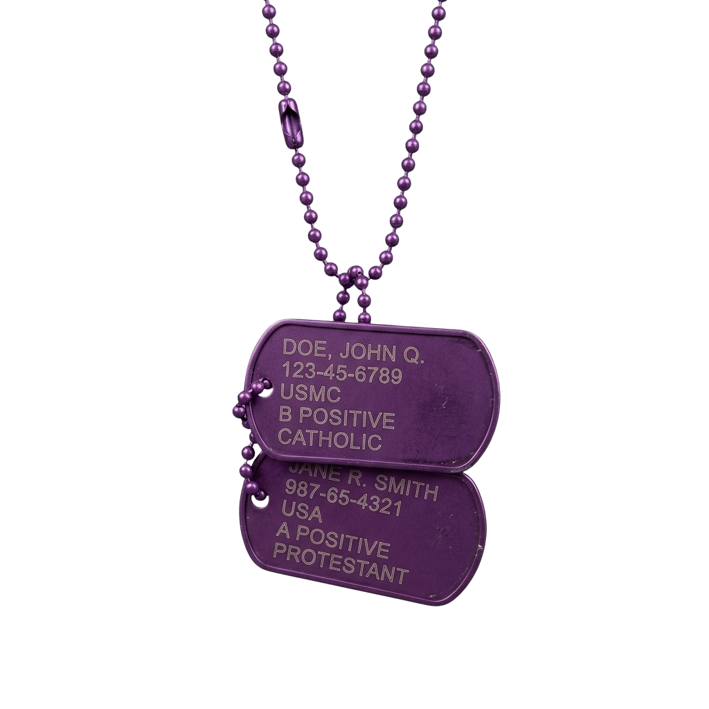 Purple beaded necklace with two attached dog tag pendants displaying fictional military and personal details