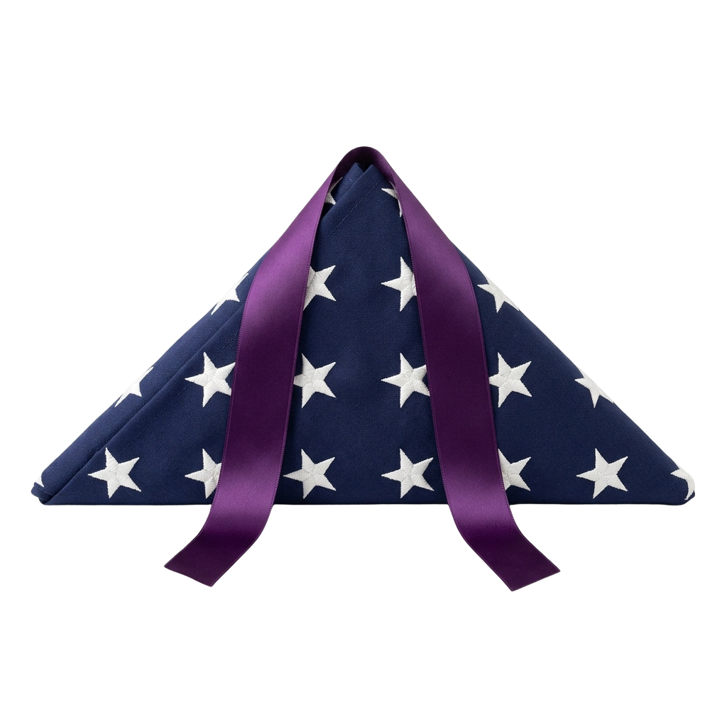 Triangular American flag with white stars on blue field and a purple ribbon tied around it