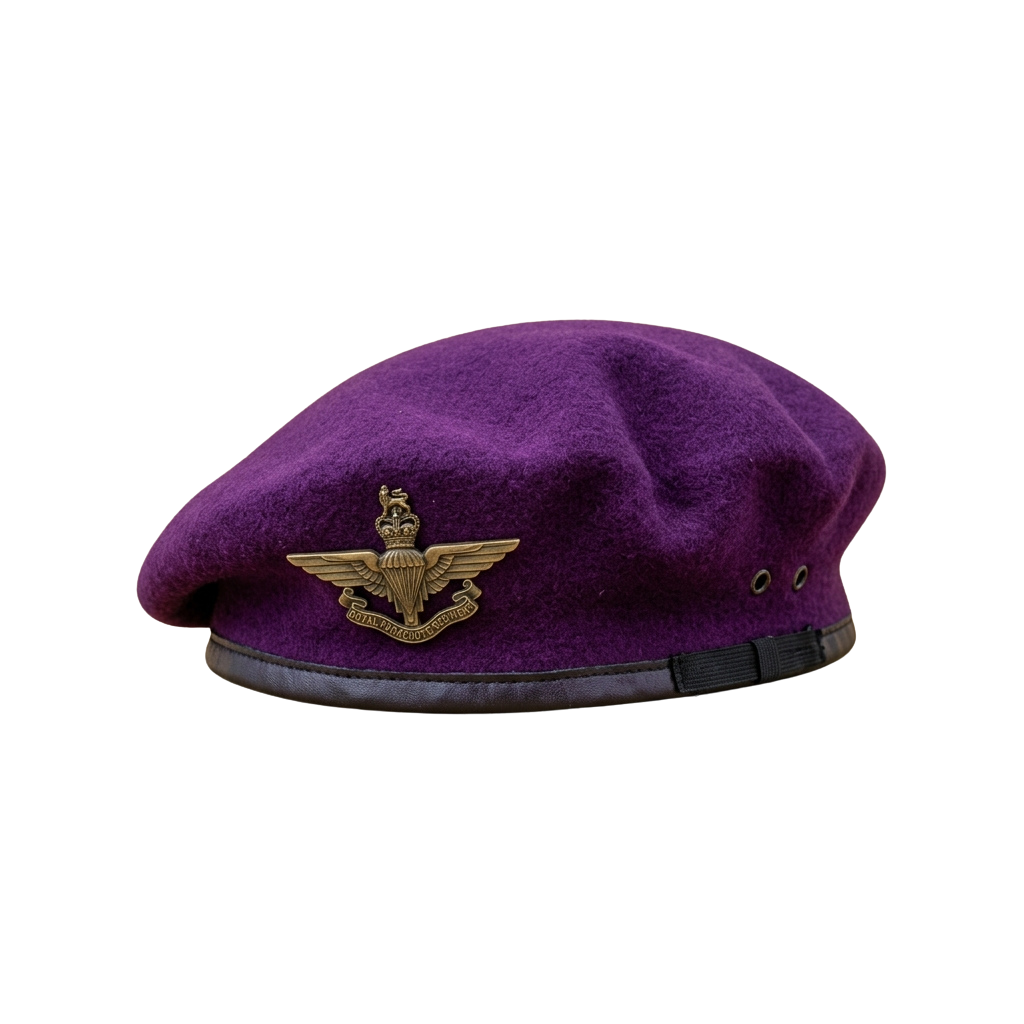 Purple wool beret featuring the Royal Air Force badge with wings and crown emblem