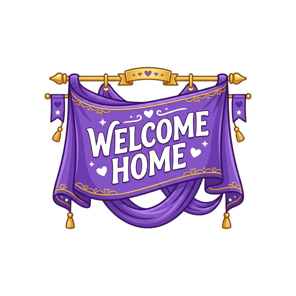 Purple decorative banner with gold trim and hearts saying Welcome Home