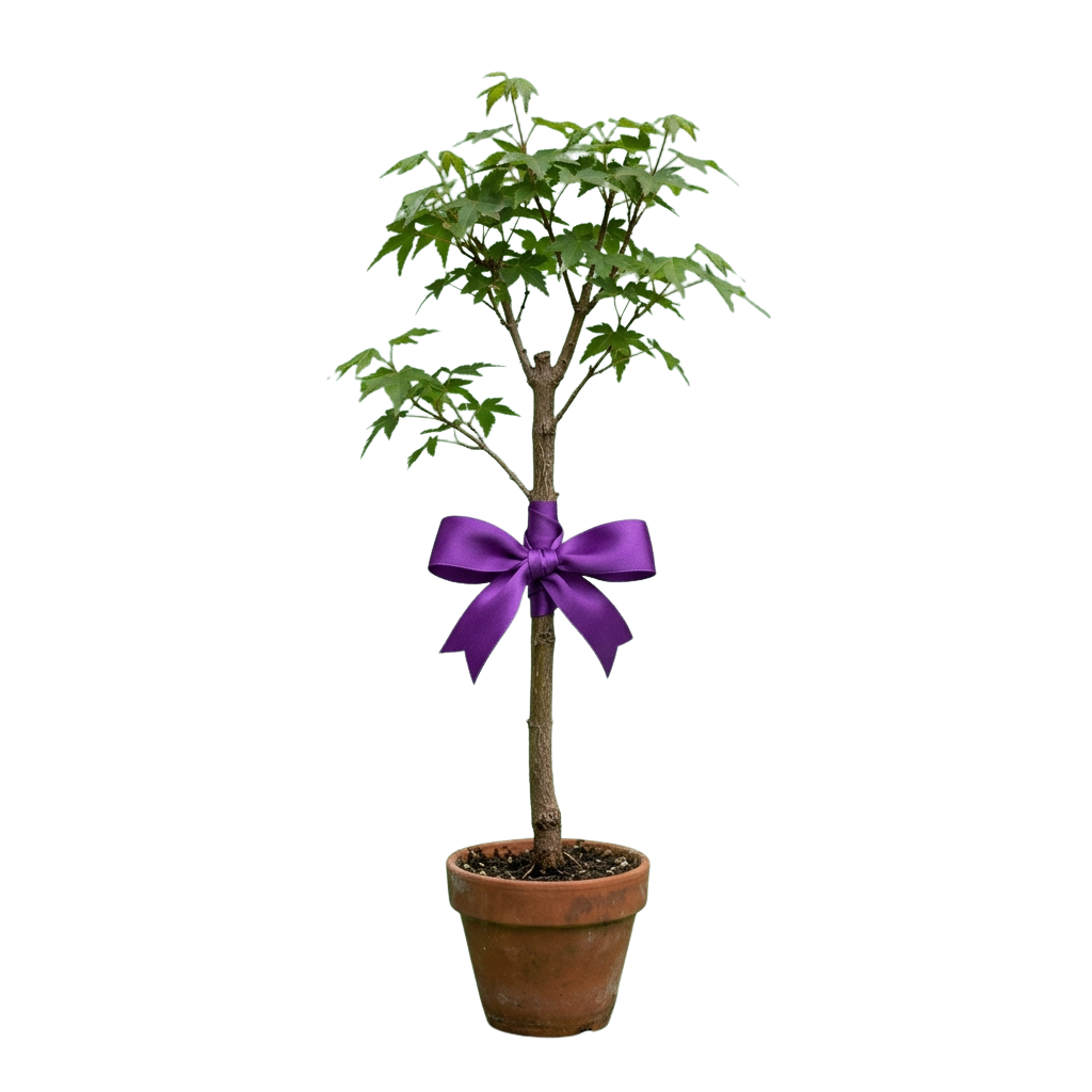 A small potted tree with green leaves tied with a large purple ribbon bow around the trunk