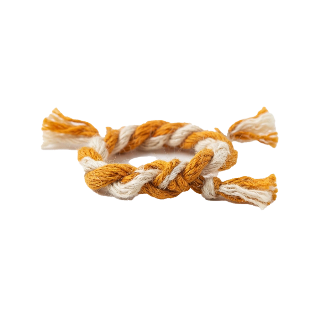A braided rope bracelet made with orange and white cord twisted into a knot design