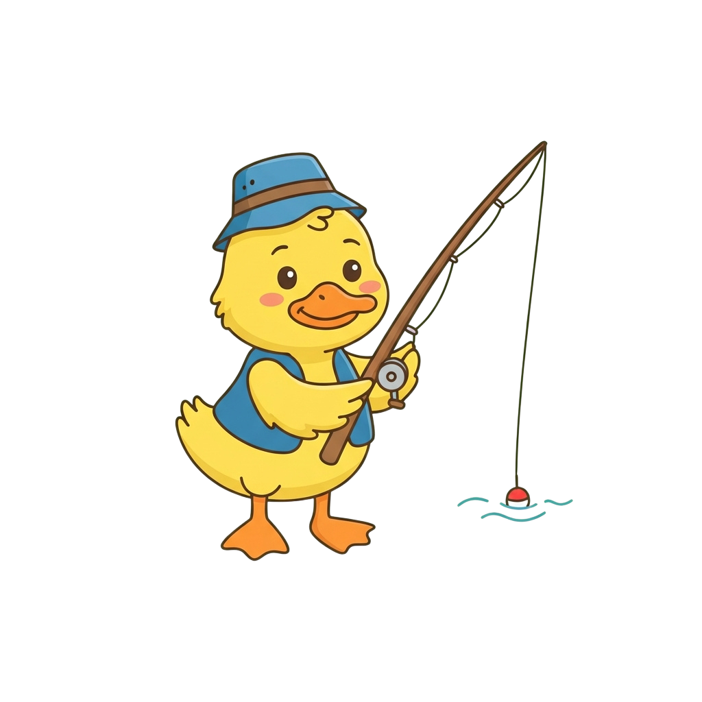 A cheerful cartoon duck wearing a blue cap and vest, holding a fishing rod over water with a bobber.