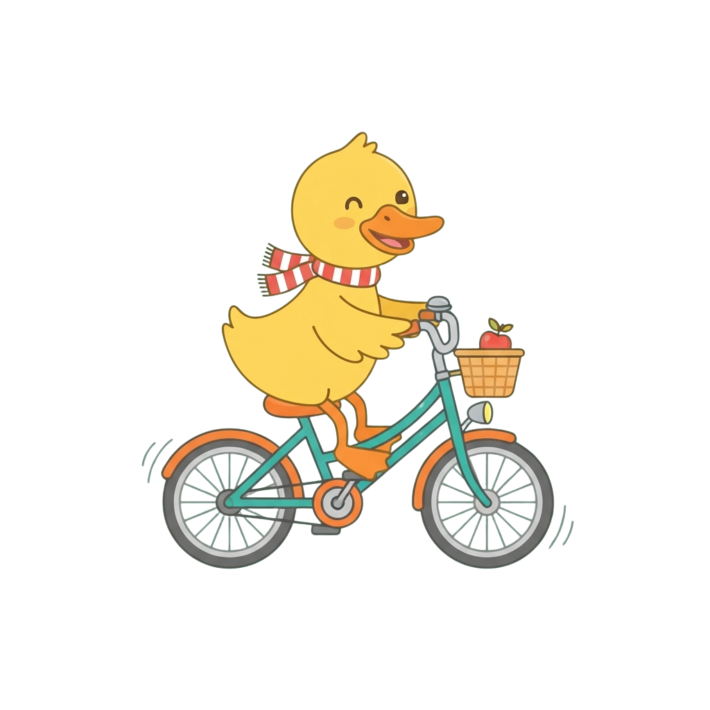 A cheerful yellow duck riding a turquoise bicycle with orange wheels and a basket containing an apple.
