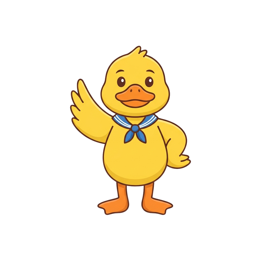 A cheerful yellow cartoon duck waving with one hand and wearing a blue bow tie