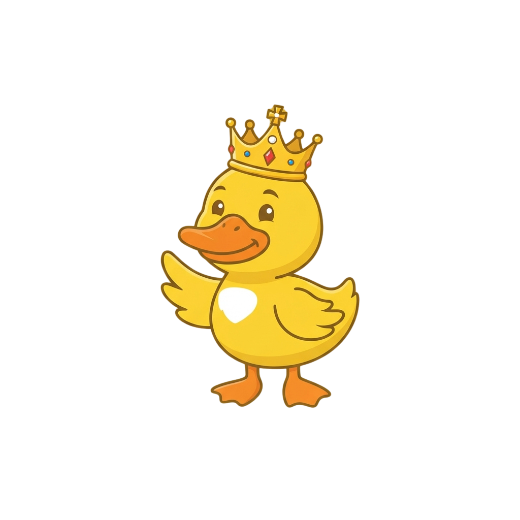 A cheerful yellow cartoon duck wearing a golden crown and waving one wing