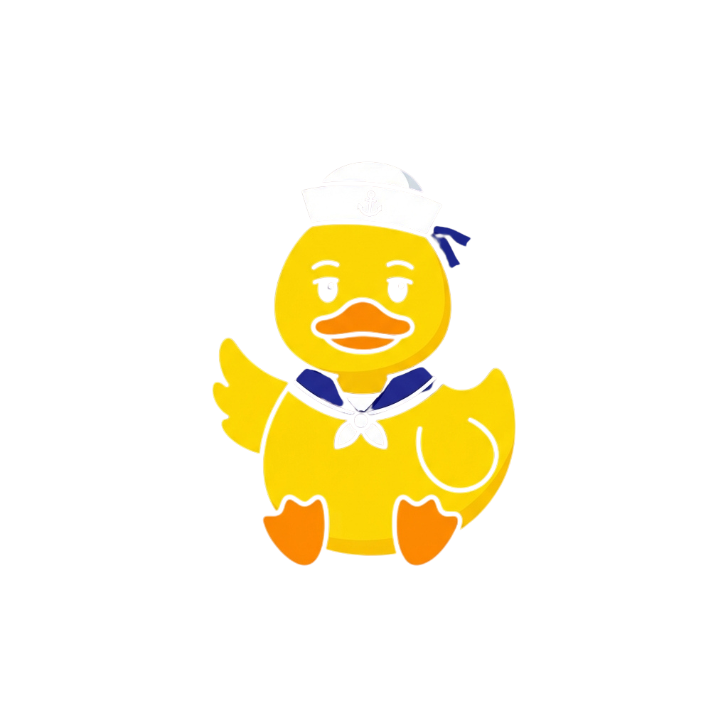 A cheerful yellow duck wearing a sailor hat and scarf waving one wing