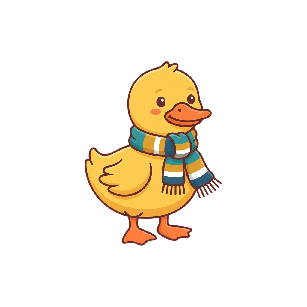 A cheerful yellow cartoon duck wearing a blue and white striped scarf