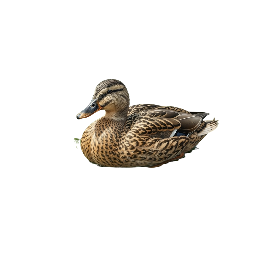 A mallard duck with brown and white patterned feathers standing on a black background