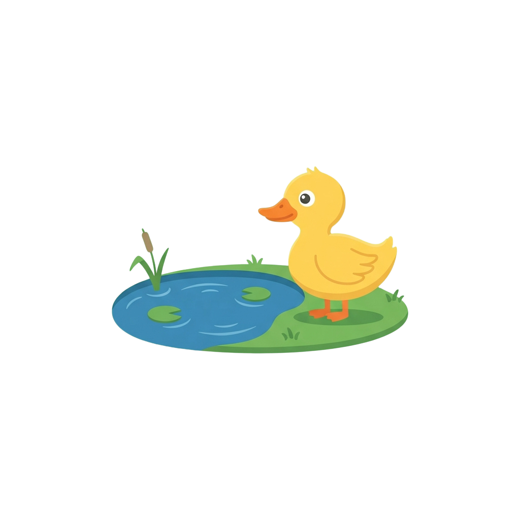 A cheerful yellow duckling standing beside a small blue pond with green grass and reeds