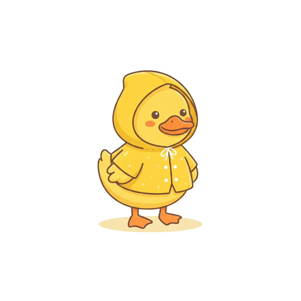 A cheerful yellow duckling wearing a hooded raincoat with white dots and a bow, standing on one leg.