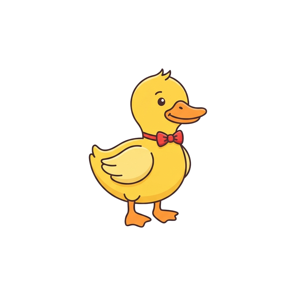 A cheerful yellow duckling cartoon character wearing a red bow tie standing on one leg