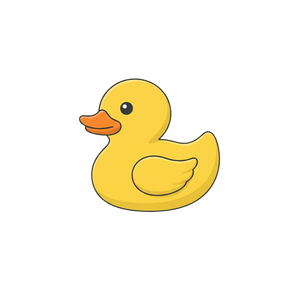 A cheerful yellow cartoon duck with an orange beak and feet