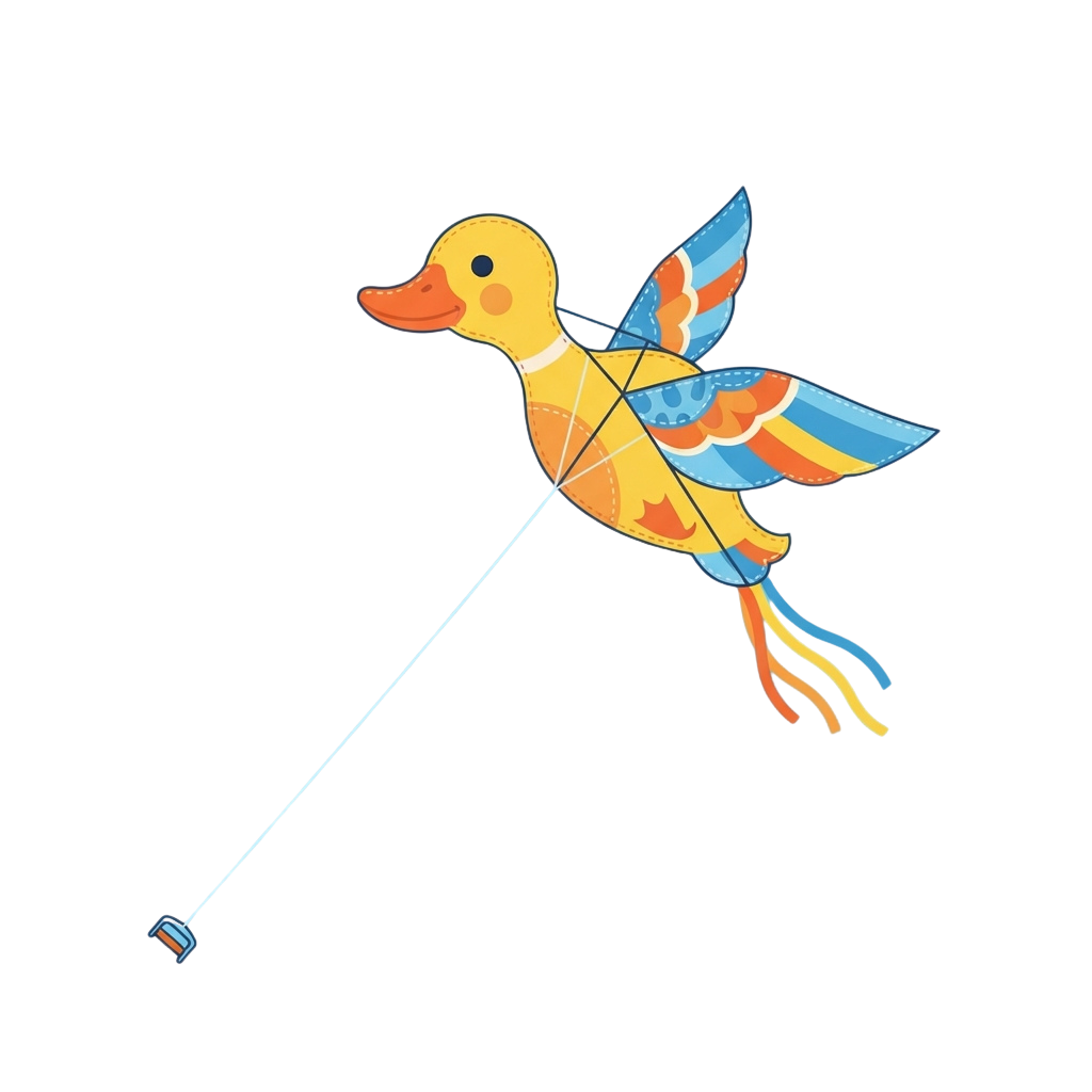 A bright yellow duck kite with orange beak and blue patterned wings flying on a string against a dark background