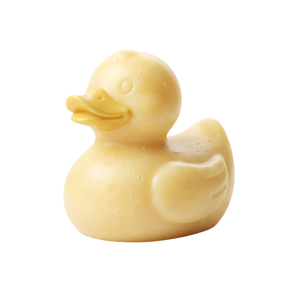 A light yellow rubber duck toy with a smiling face and simple features