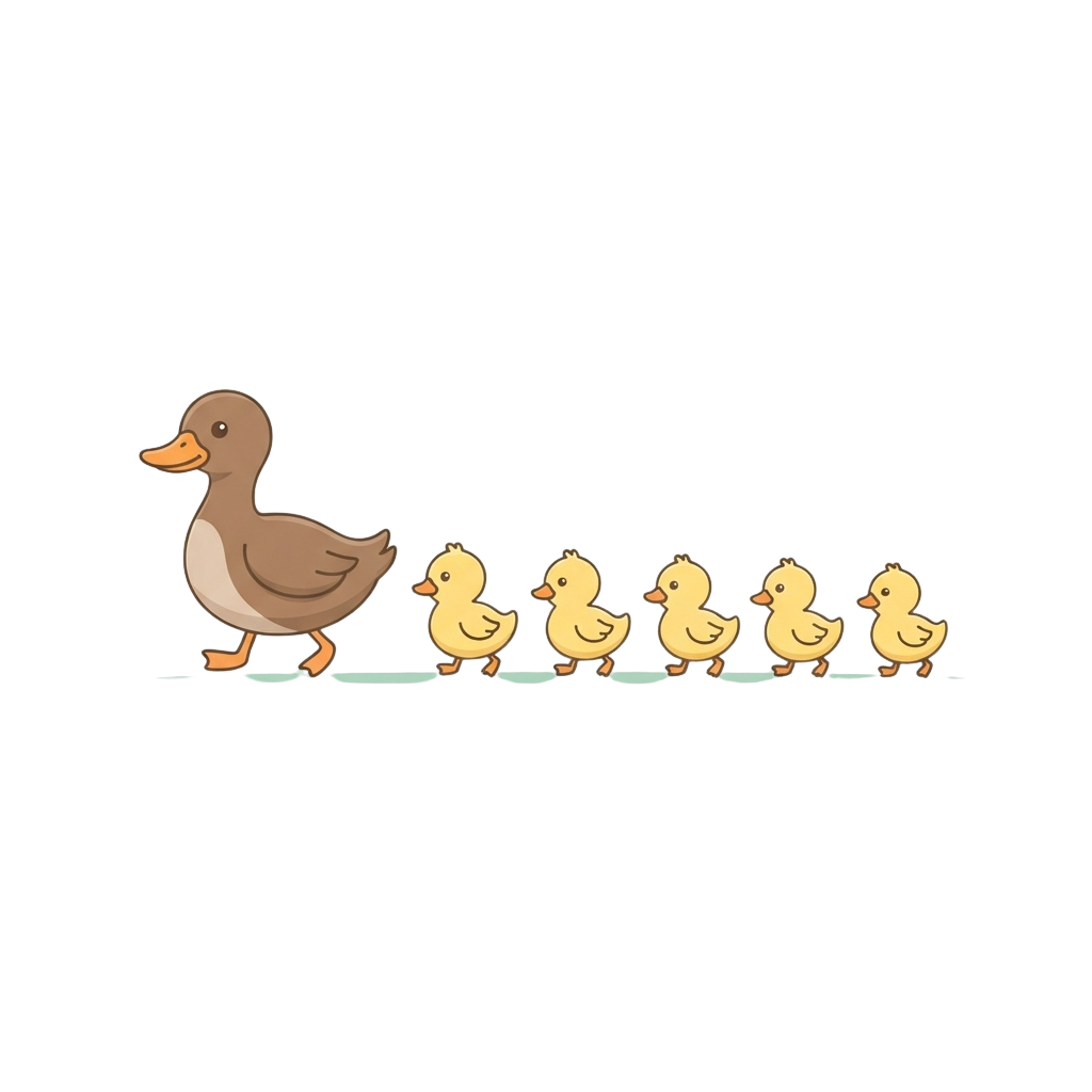 A brown adult duck leading six small yellow ducklings in a line across water.