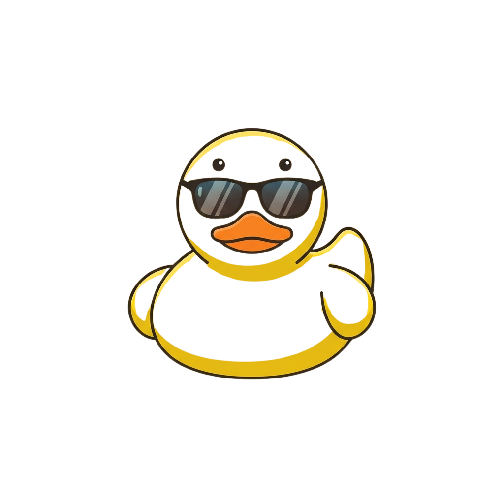 A yellow cartoon duck wearing black sunglasses against a dark background