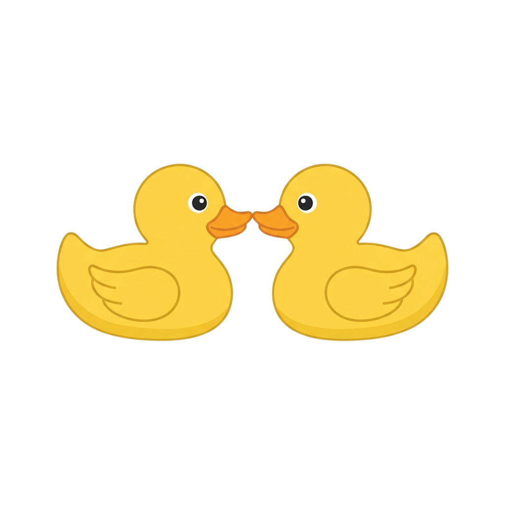 Two yellow cartoon ducks kissing each other on their beaks